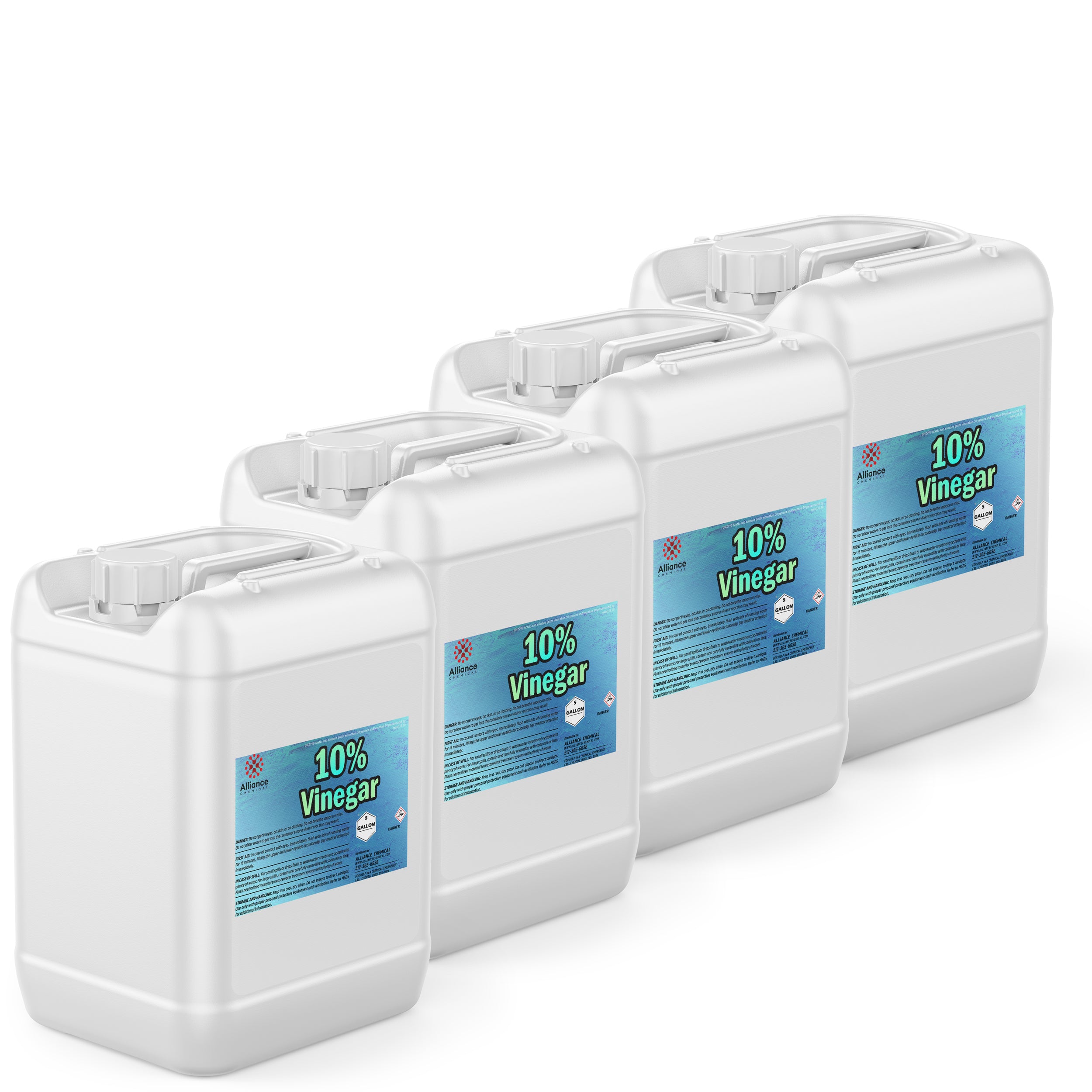 20-gallon set (4x5gal) industrial-strength 10% vinegar solution in white HDPE containers with blue labels, chemical-grade caps and safety warnings.